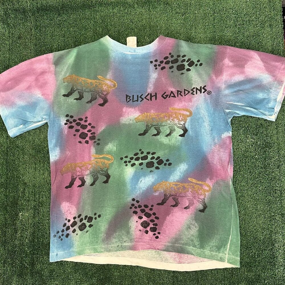 Vintage 90s Busch Gardens Jaguar T-Shirt Single Stitch Tie Dye Nature Gorpcore L
